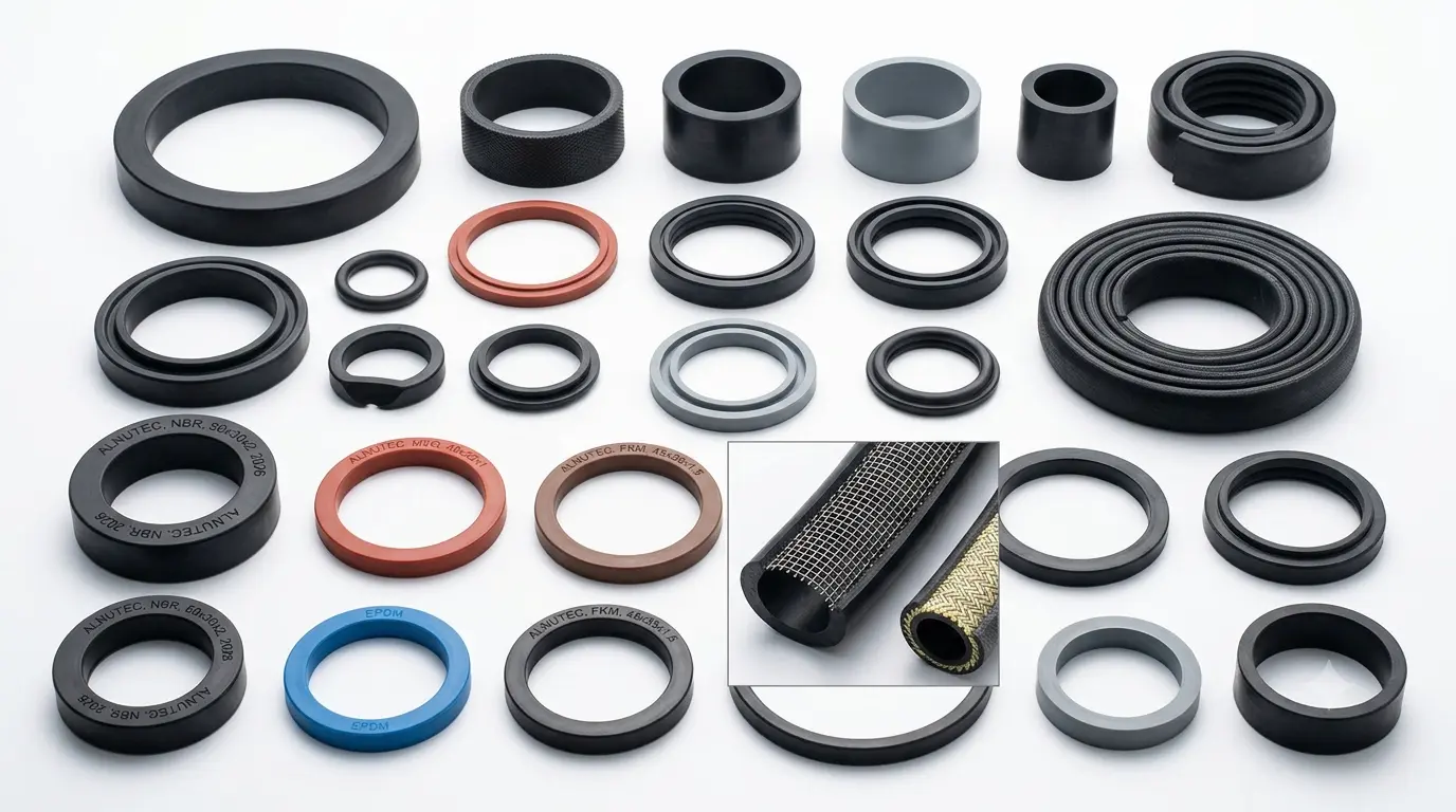 Produktpalette von zugeschnittenen Gummi-Schlauchringen aus unterschiedlichen Elastomermaterialien